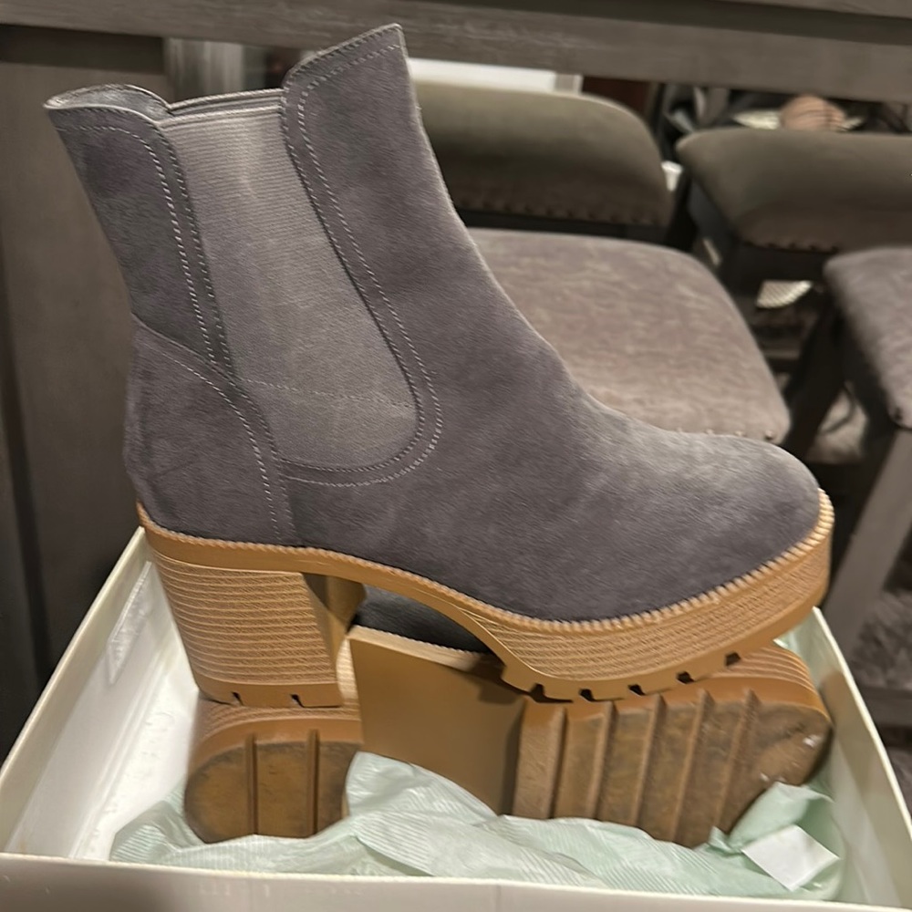 Gray Suede Ankle Boots with a thick heel.